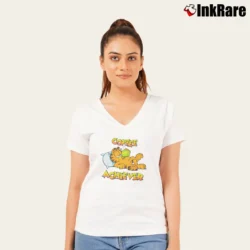 Women’s Garfield Cat Coffee Achiever 80s Vintage Comic Style V-Neck Tee in white | Chic Neckline, Soft Texture
