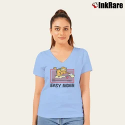 Women’s Garfield Comic Cat Easy Rider V-Neck Tee in light blue | Chic Neckline, Soft Texture