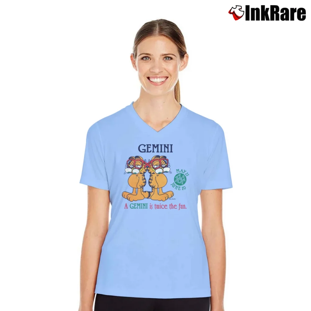 Women’s Garfield Gemini Zodiac Cat Horoscope V-Neck Tee in light blue | Chic Neckline, Soft Texture