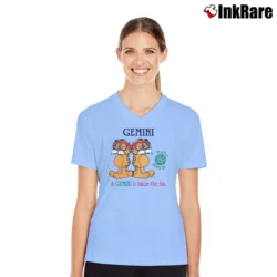 Women’s Garfield Gemini Zodiac Cat Horoscope V-Neck Tee in light blue | Chic Neckline, Soft Texture