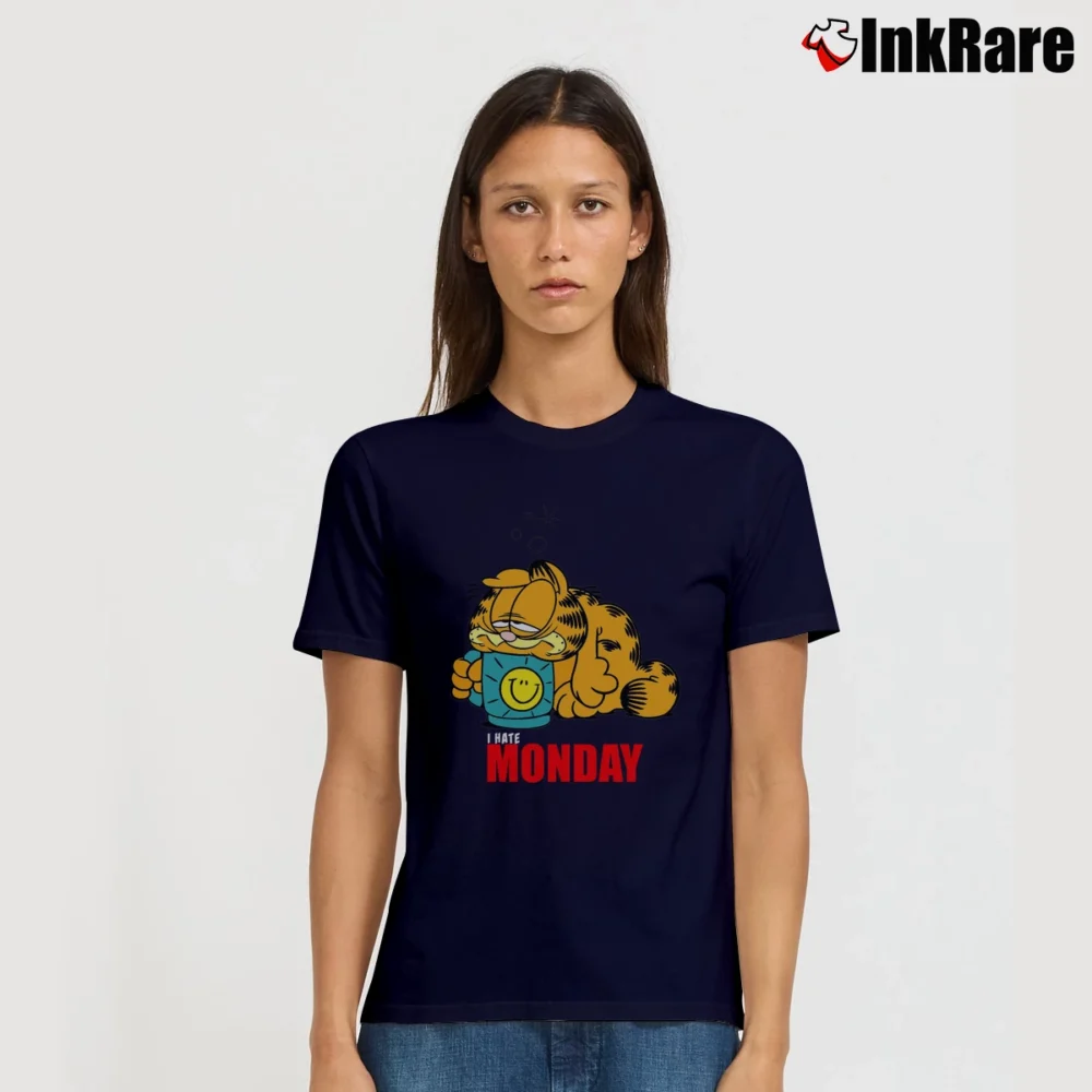 Women’s Garfield I Hate Mondays Funny Cartoon Signature T-Shirt in navy | Soft, Flattering Fit