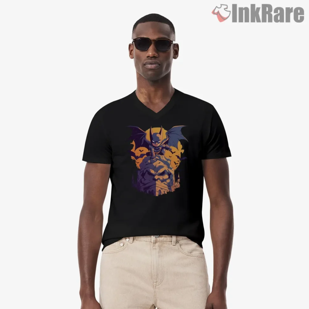 Gargoyle Watchtower Tiny Batman Shirt on black v-neck shirt for men graphic tee