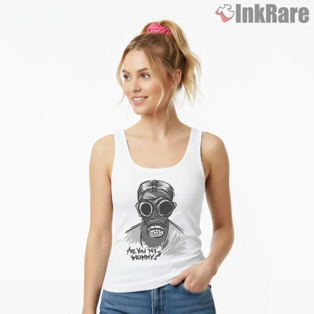 Gas Mask Child Are You My Mummy Horror Shirt on white tank top for women graphic tee