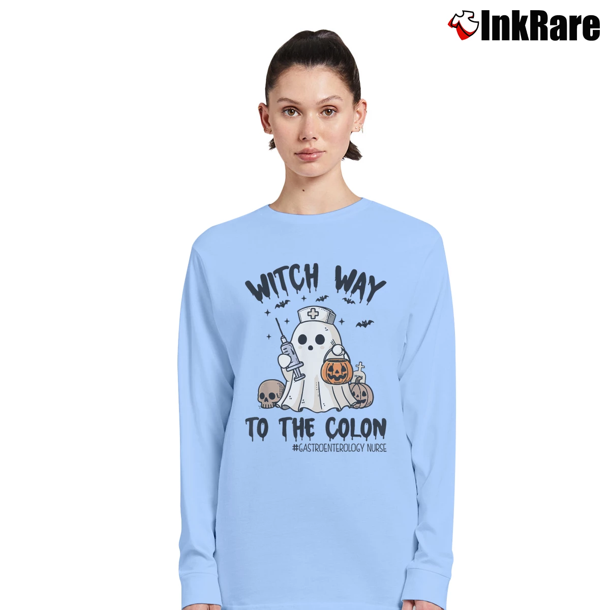 Women’s Gastroenterology Nurse Ghost Endoscopy Halloween Long-Sleeve Top in light blue | Sleek, Versatile, All-Season