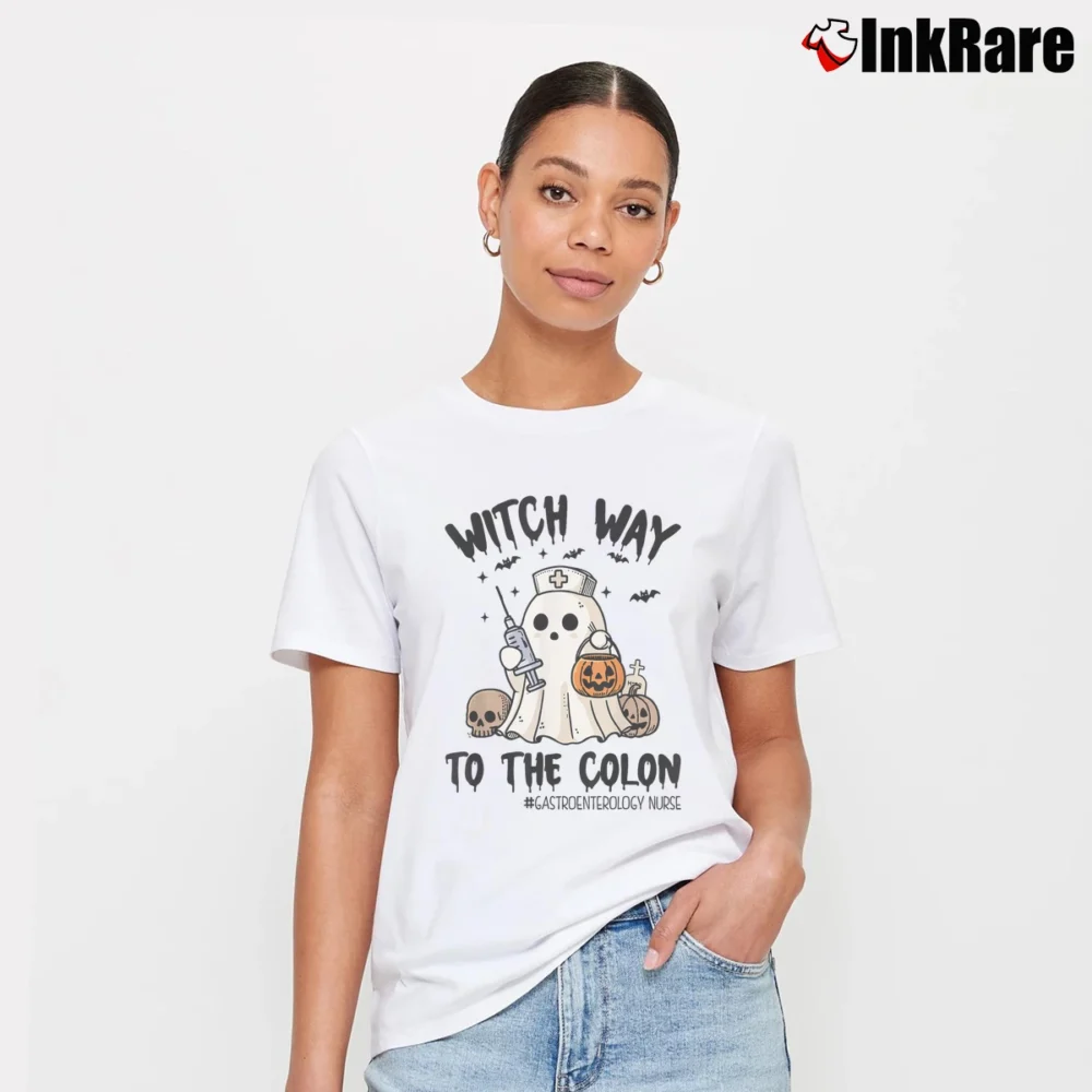 Women’s Gastroenterology Nurse Ghost Endoscopy Halloween T-Shirt in white | Soft, Flattering Fit