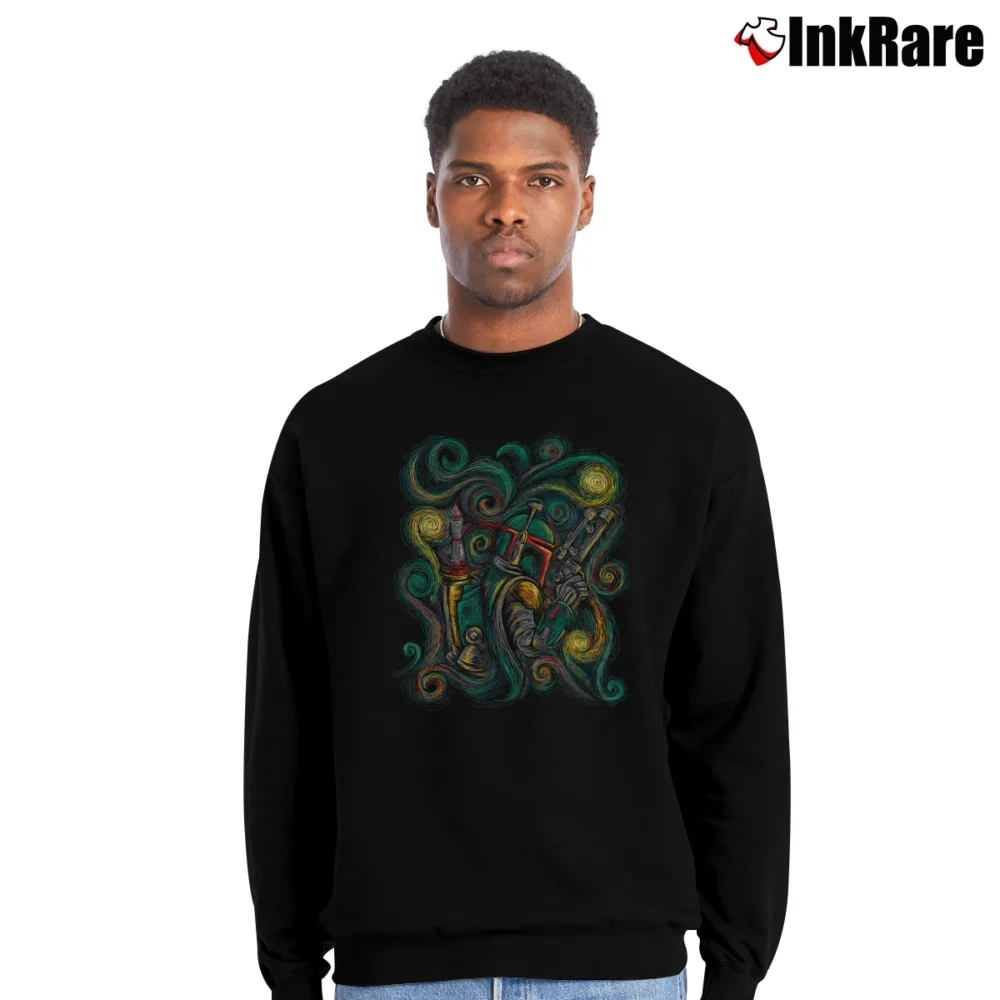 Men’s Geeky Mandalorian Starry Night Van Gogh Boba Fett Crewneck Sweatshirt in black | Cozy Fabric, Clean Style