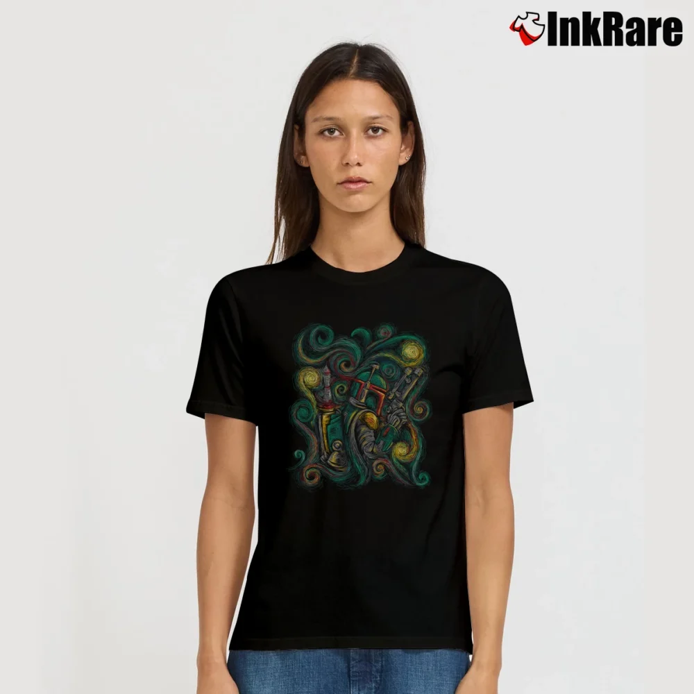 Women’s Geeky Mandalorian Starry Night Van Gogh Boba Fett Signature T-Shirt in black | Soft, Flattering Fit