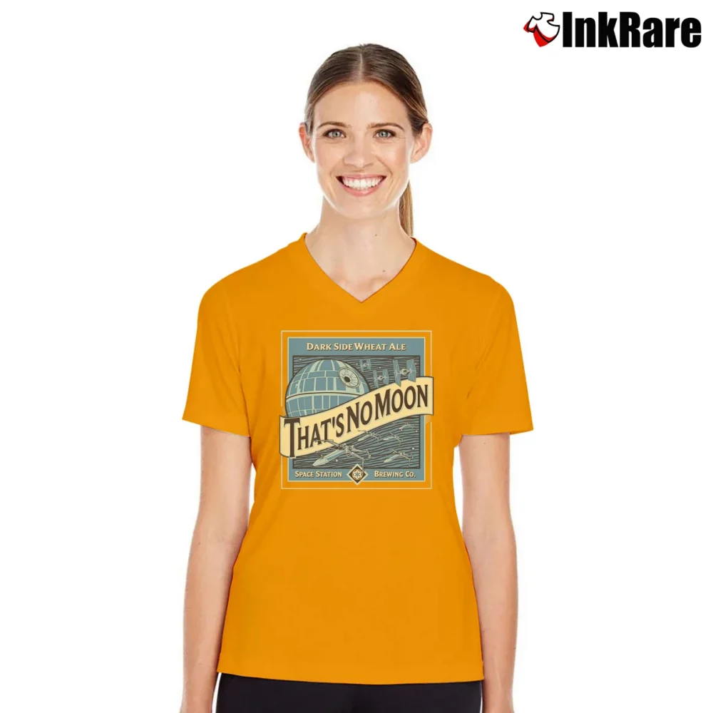 Women’s Geeky Star Wars That’s No Moon Blue Moon Parody V-Neck Tee in orange | Chic Neckline, Soft Texture