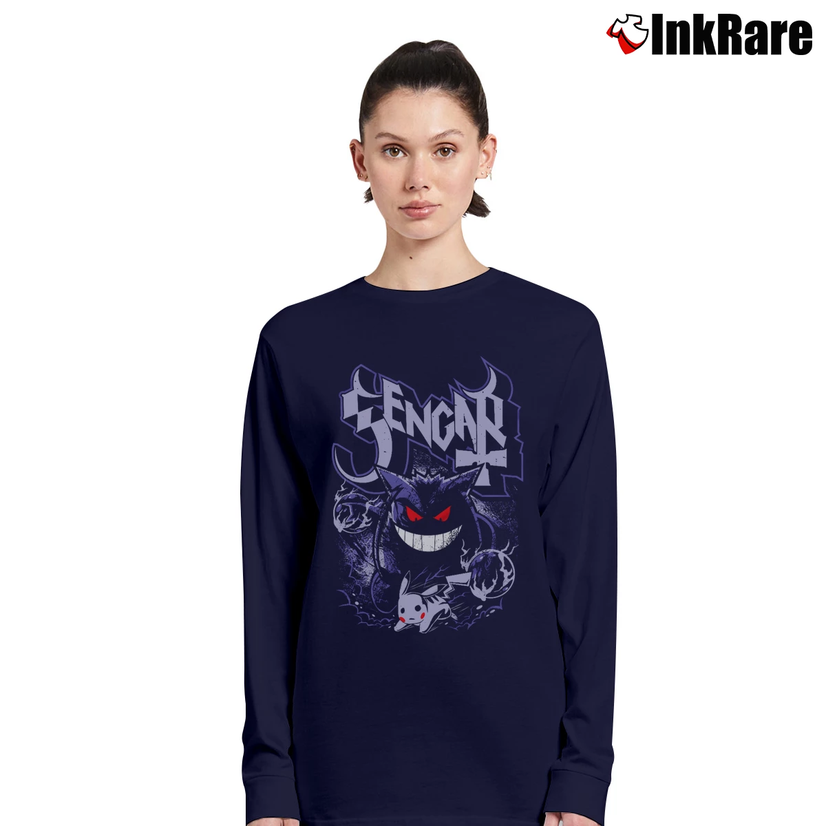 Women’s Gengar Ghost Band Metal Pikachu Pokemon Long-Sleeve Top in navy | Sleek, Versatile, All-Season