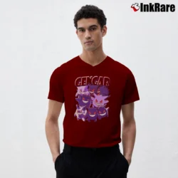 Men’s Gengar Pokemon Retro Custom Graphic V-Neck Tee in maroon | Sharp, Breathable, Everyday Staple