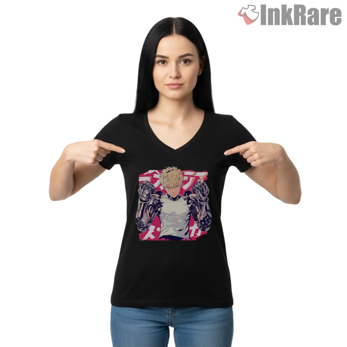 Genos Cyber Warrior Anime Action Shirt on black v-neck shirt for women graphic tee