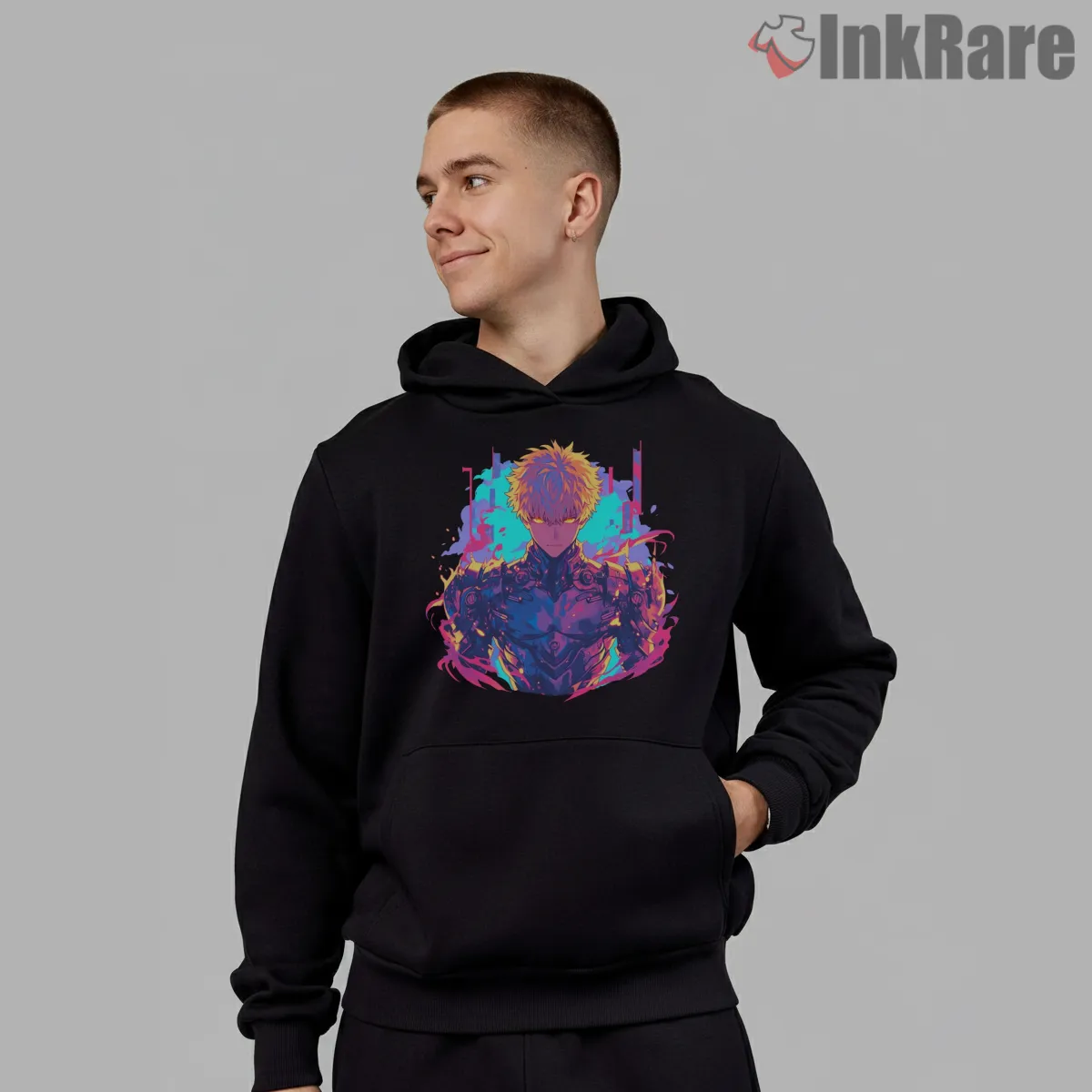 Genos Neon Cyborg Energy Anime Shirt on black hoodie for men graphic tee