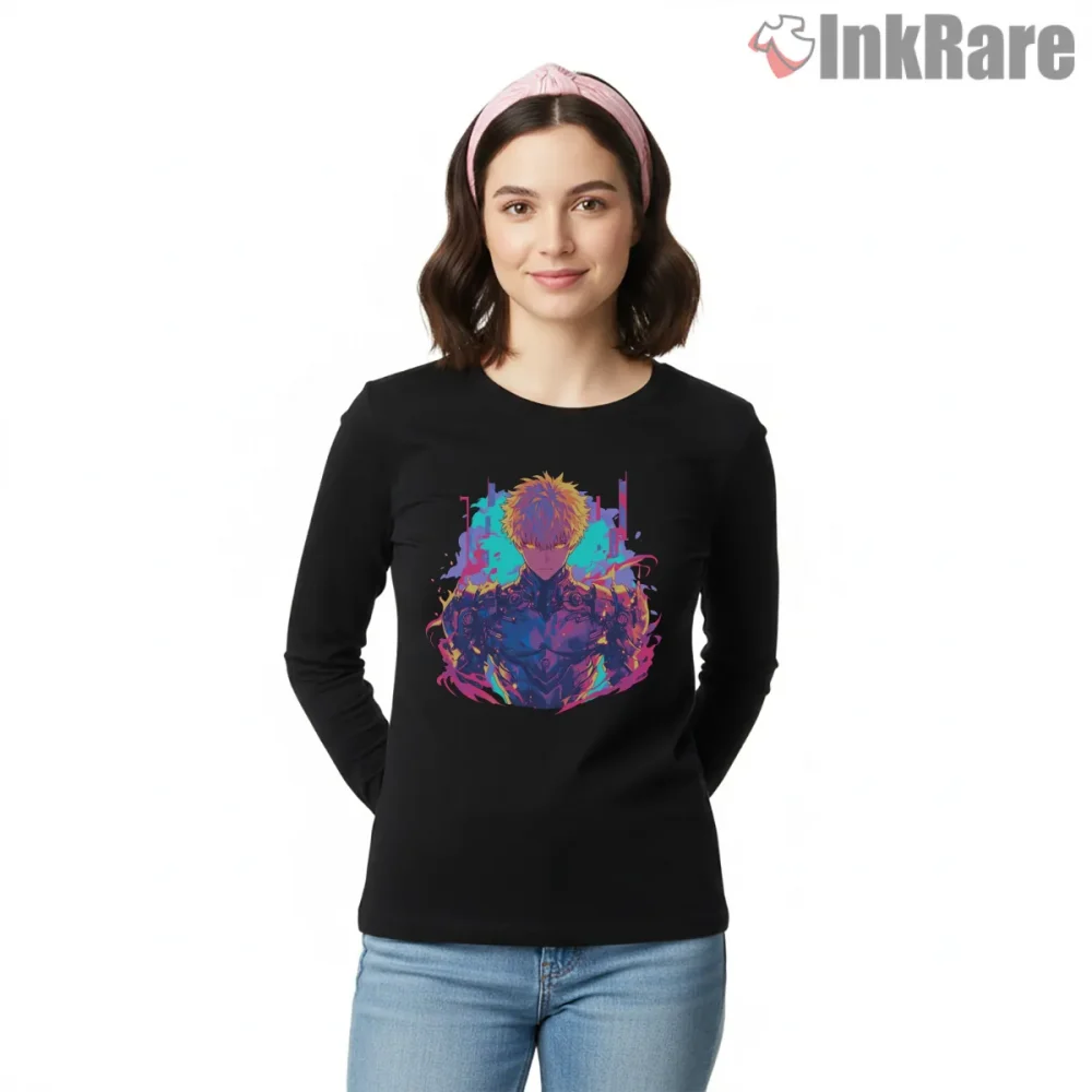 Genos Neon Cyborg Energy Anime Shirt on black long sleeve shirt for women graphic tee