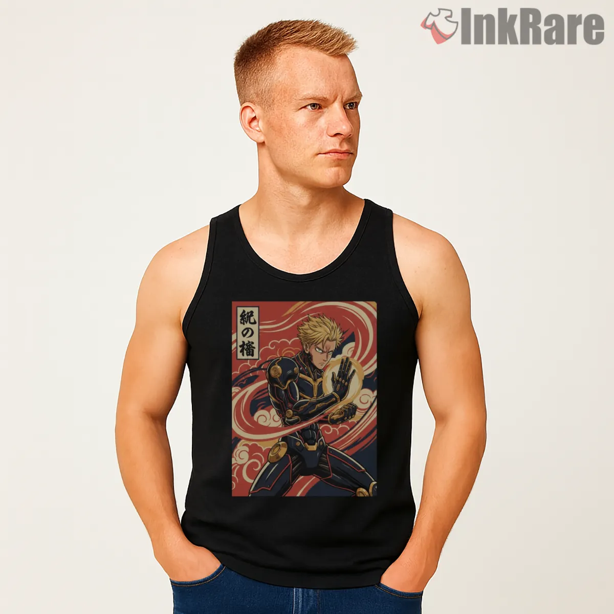 Genos Vintage Japanese Hero Poster Shirt on black tank top for men graphic tee