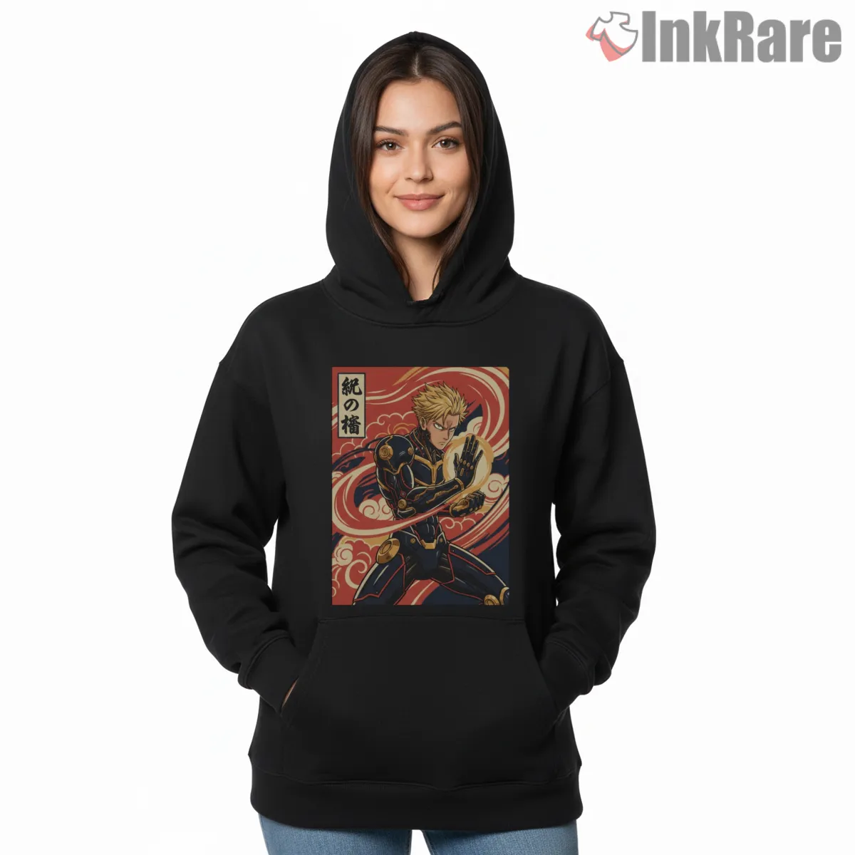 Genos Vintage Japanese Hero Poster Hoodie Black Genos Vintage Japanese Hero Poster Shirt on black hoodie for women graphic tee