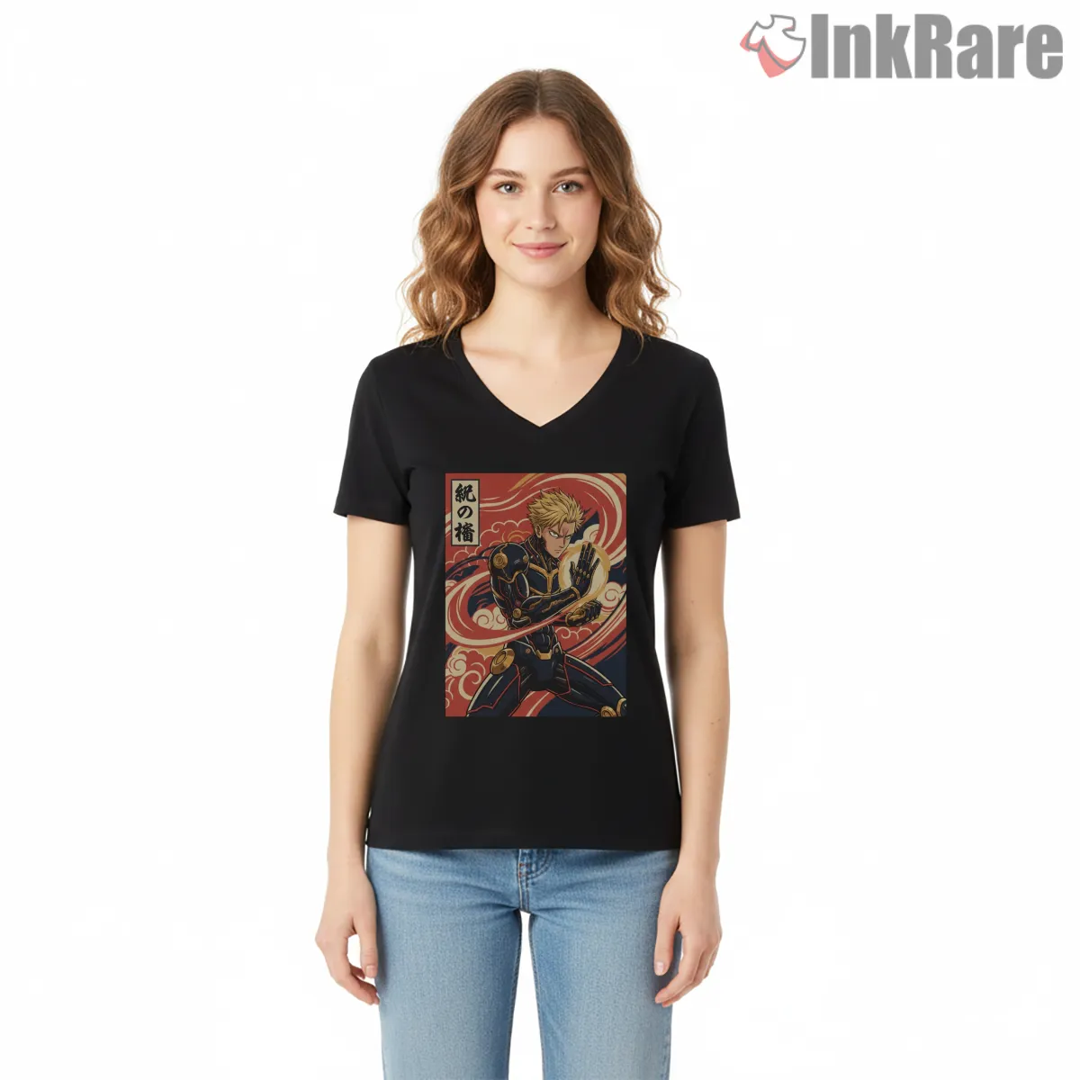 Genos Vintage Japanese Hero Poster V Neck Black Genos Vintage Japanese Hero Poster Shirt on black v-neck shirt for women graphic tee