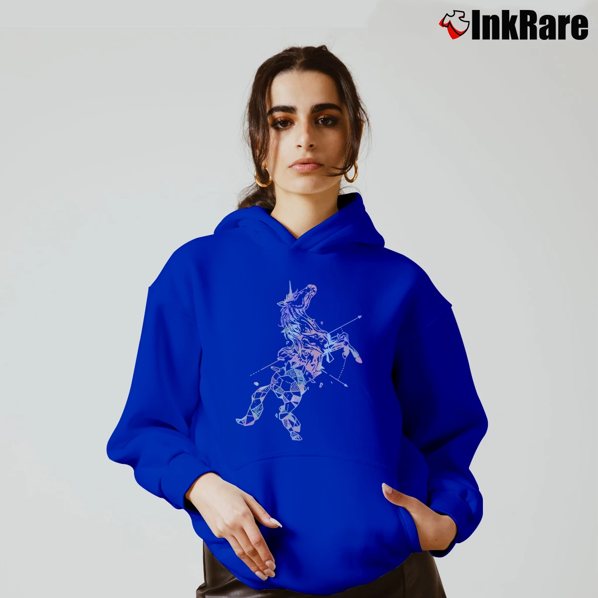 Geometric Holographic Unicorn Women’s Cozy Hoodie in royal blue – Urban Chic Women’s Geometric Holographic Unicorn Cozy Hoodie in royal blue | Warm, Structured, Stylish