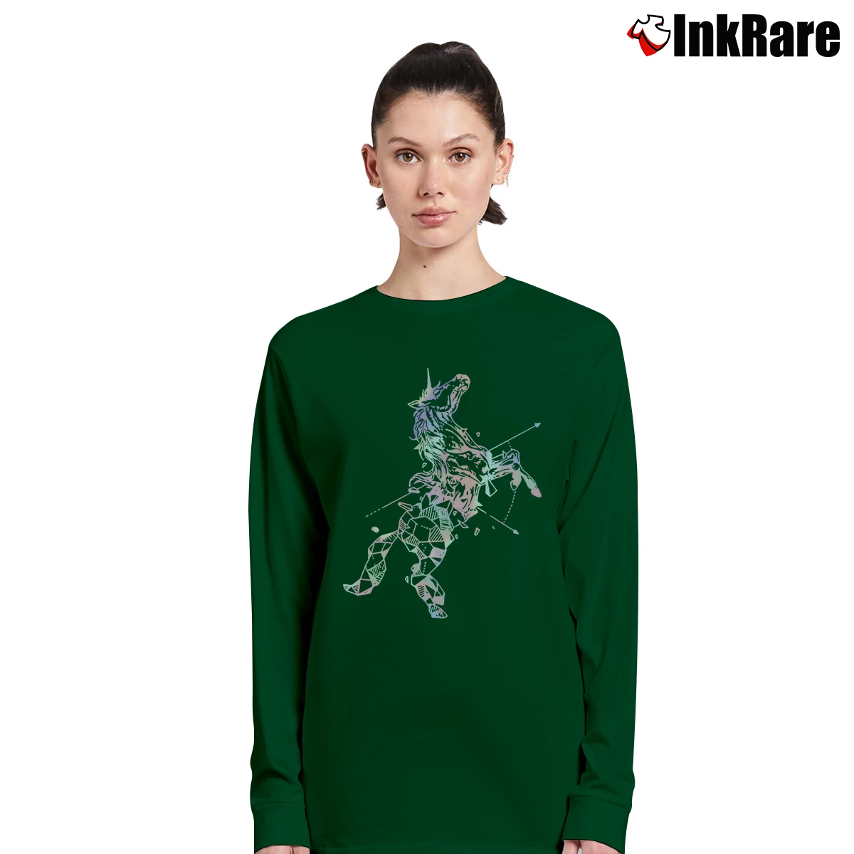 Geometric Holographic Unicorn Women’s Long-Sleeve Top in forest green – Effortless Layer Women’s Geometric Holographic Unicorn Long-Sleeve Top in forest green | Sleek, Versatile, All-Season