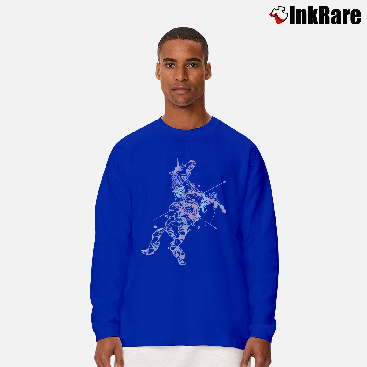 Geometric Holographic Unicorn Men’s Long-Sleeve Tee in royal blue – Versatile Layering Men’s Geometric Holographic Unicorn Long-Sleeve Shirt in royal blue | Sleek, Lightweight, Year-Round Wear
