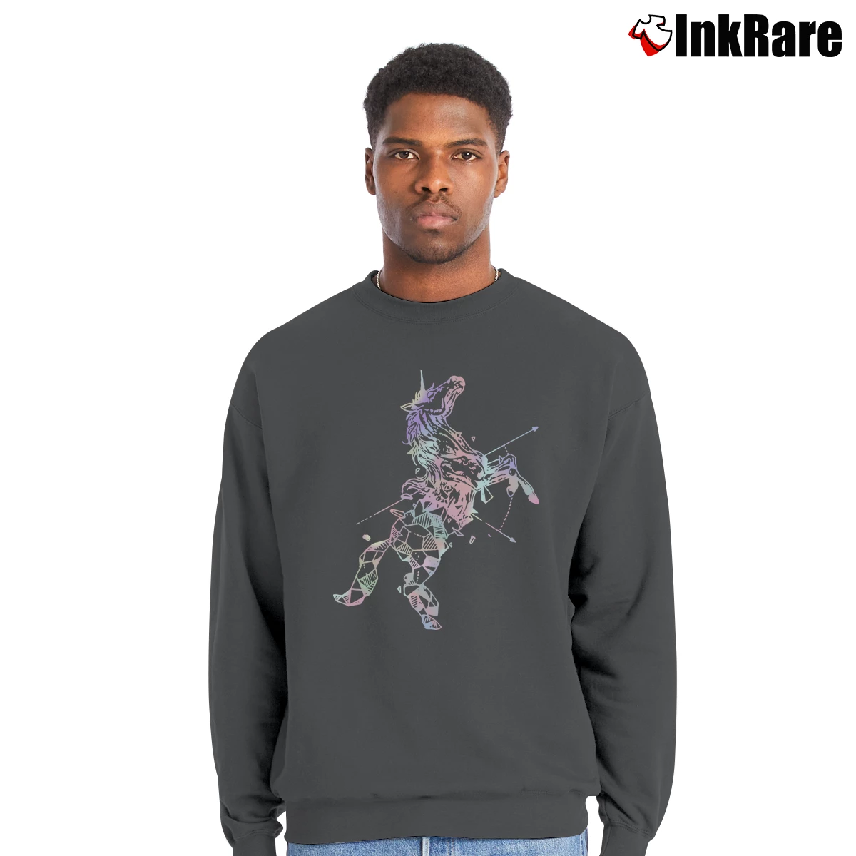 Geometric Holographic Unicorn Men’s Crewneck Sweatshirt in charcoal – Soft & Durable Men’s Geometric Holographic Unicorn Crewneck Sweatshirt in charcoal | Cozy Fabric, Clean Style