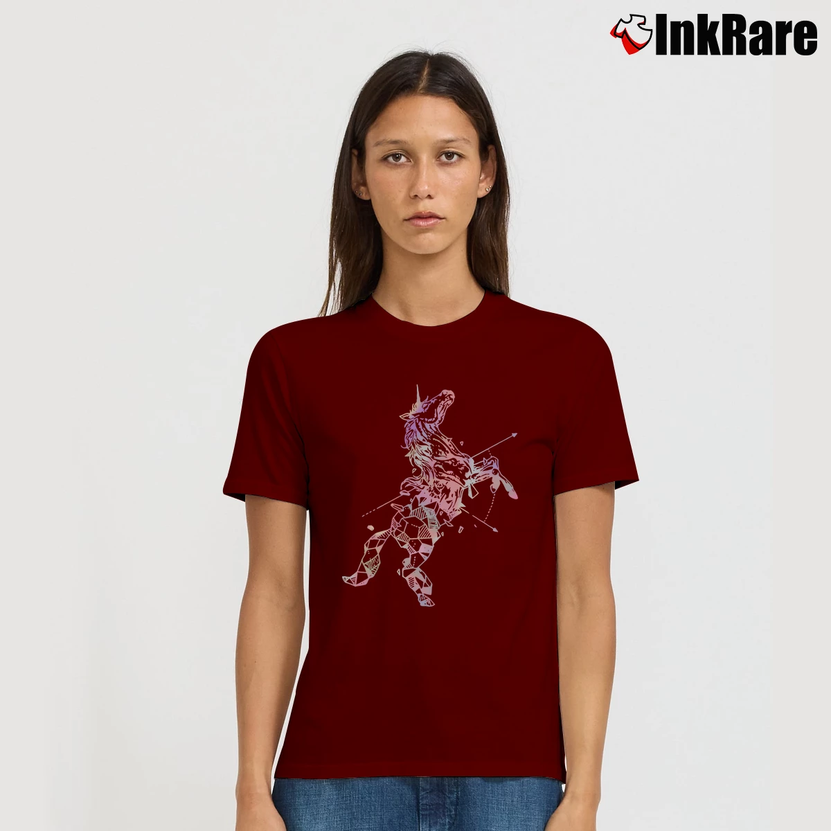 Geometric Holographic Unicorn Women’s Signature Tee in maroon – Effortless Style Women’s Geometric Holographic Unicorn Signature T-Shirt in maroon | Soft, Flattering Fit