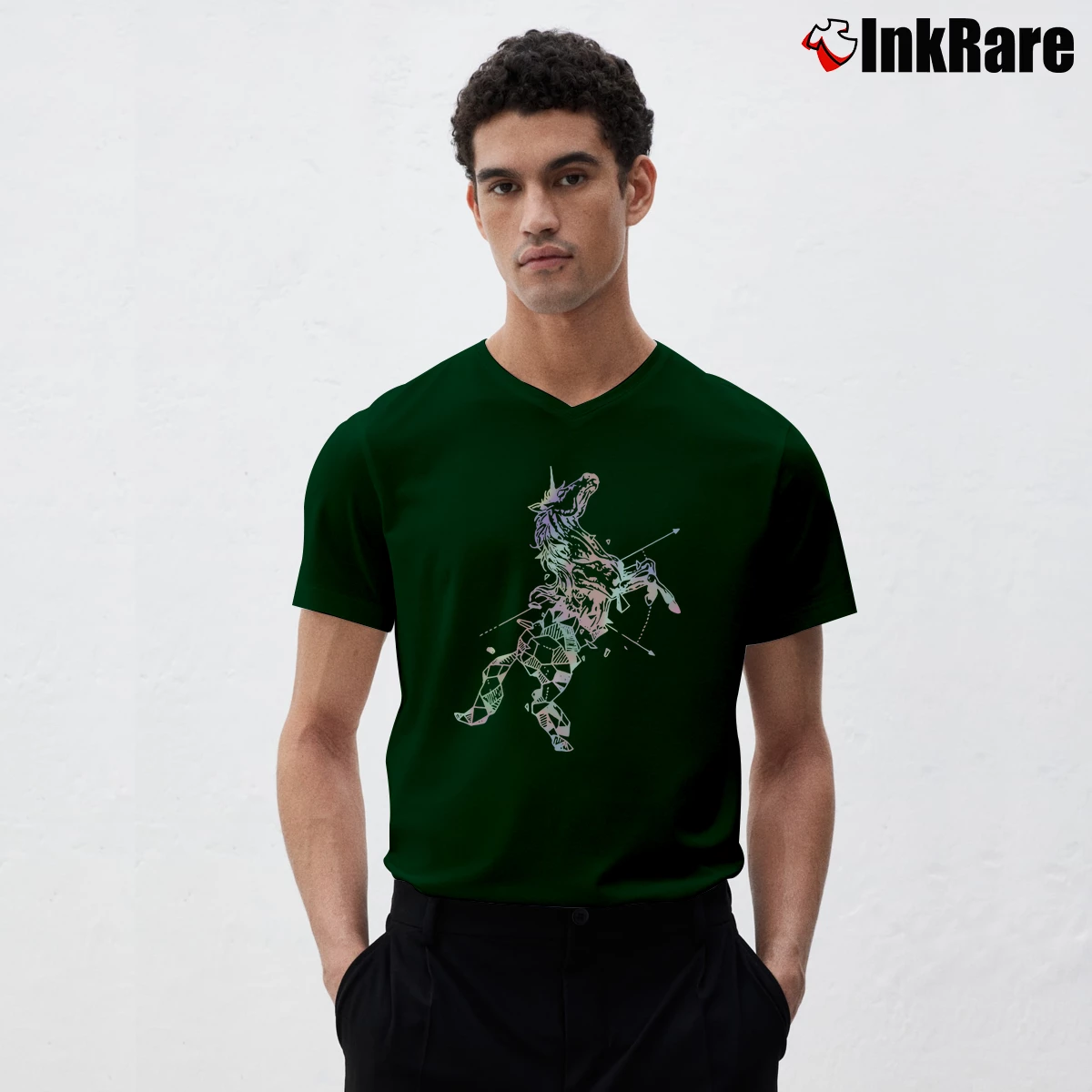Geometric Holographic Unicorn Men’s V-Neck Tee in forest green – Modern Essential Men’s Geometric Holographic Unicorn V-Neck Tee in forest green | Sharp, Breathable, Everyday Staple