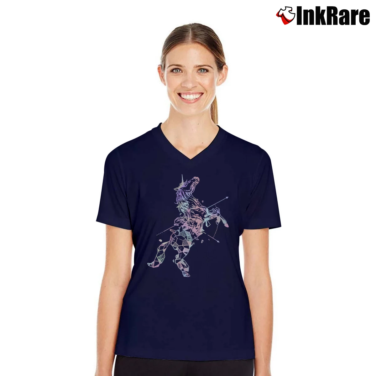 Geometric Holographic Unicorn Women’s V-Neck Tee in navy – Flattering Fit Women’s Geometric Holographic Unicorn V-Neck Tee in navy | Chic Neckline, Soft Texture