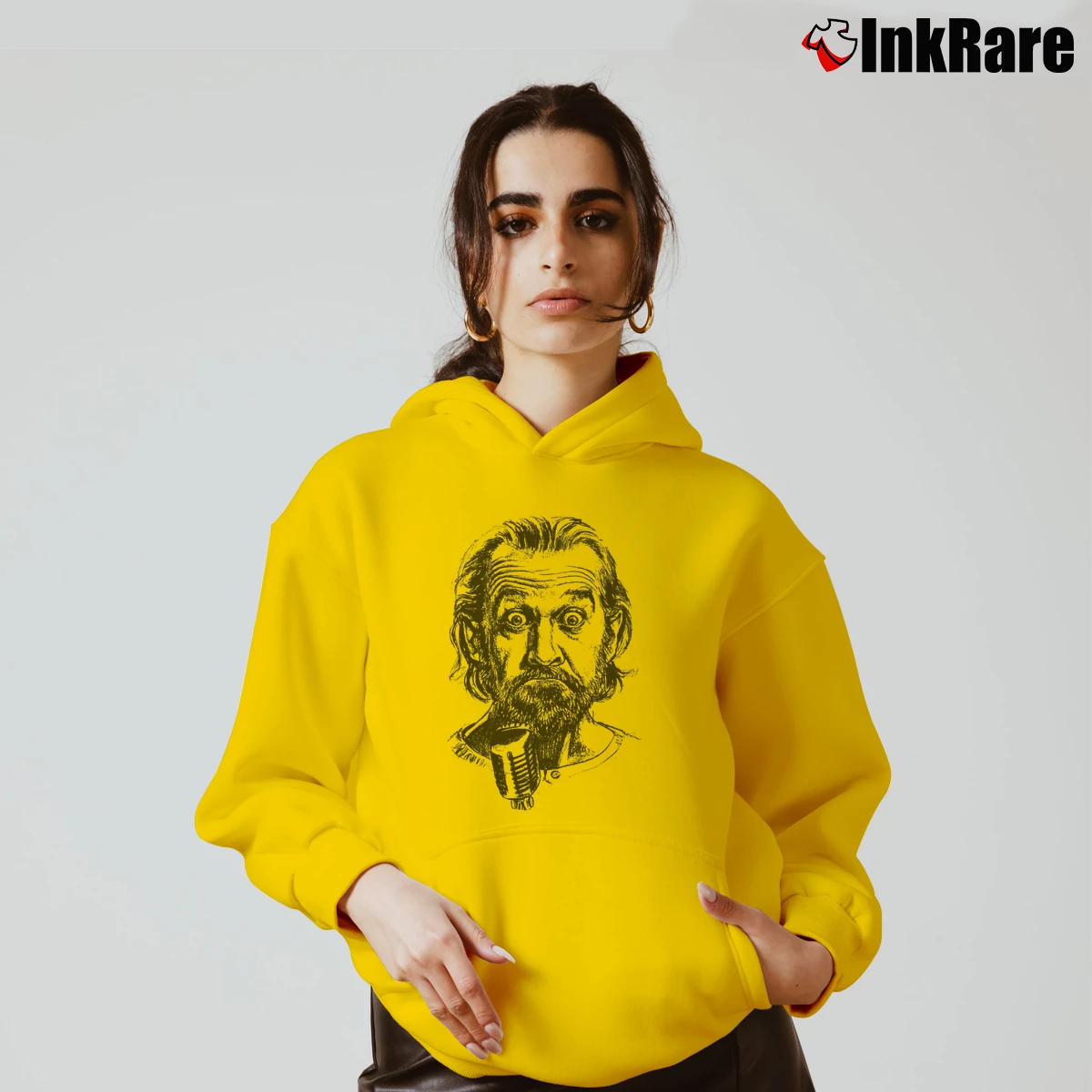 Women’s George Carlin Headshot Cozy Hoodie in yellow | Warm, Structured, Stylish