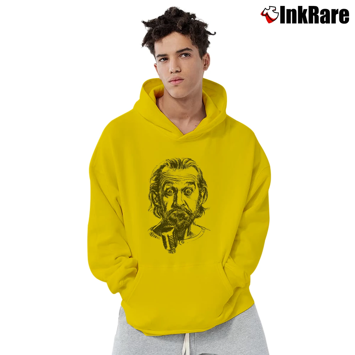 Men’s George Carlin Headshot Pullover Hoodie in yellow | Cozy, Durable, Modern Fit