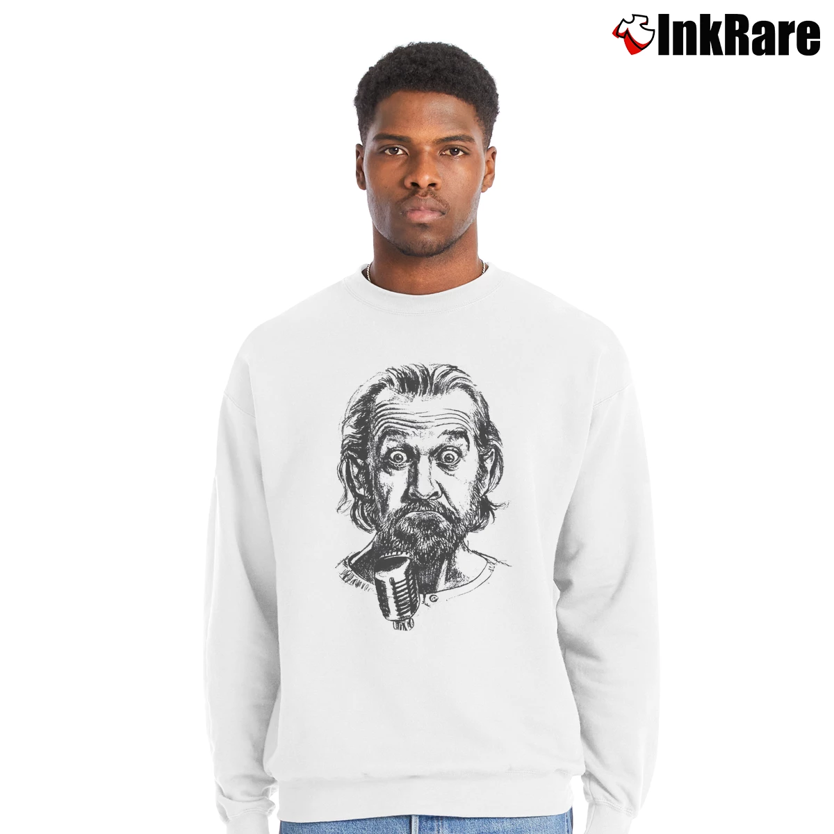 Men’s George Carlin Headshot Crewneck Sweatshirt in white | Cozy Fabric, Clean Style