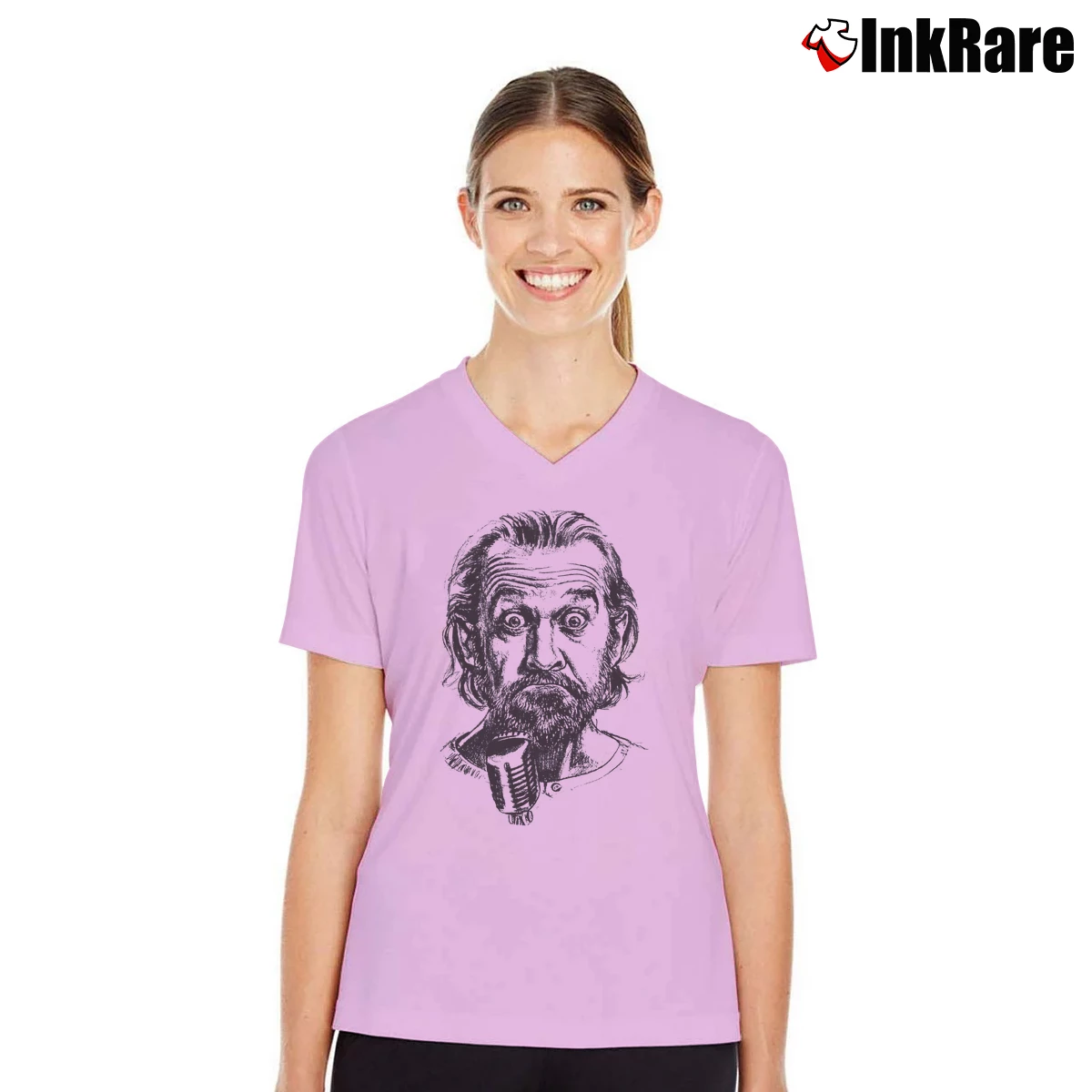 Women’s George Carlin Headshot V-Neck Tee in light pink | Chic Neckline, Soft Texture