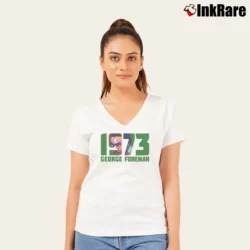 Women’s george foreman 1973 for Boxing History Fans V-Neck Tee in white | Chic Neckline, Soft Texture