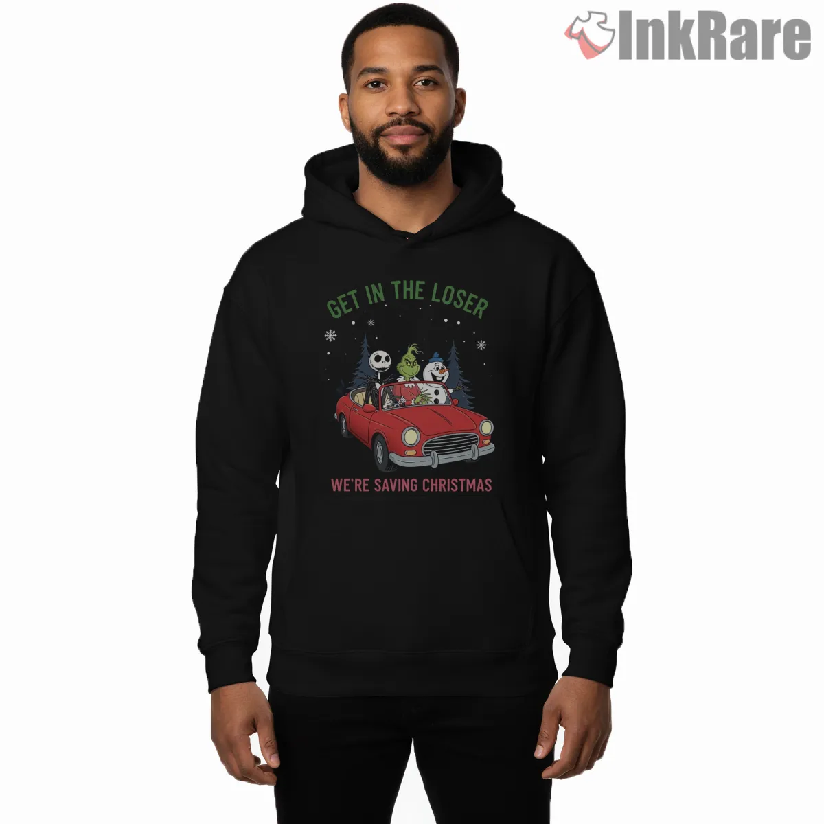 Get In Loser Were Saving Christmas Carpool Grinch Shirt on black hoodie for men graphic tee