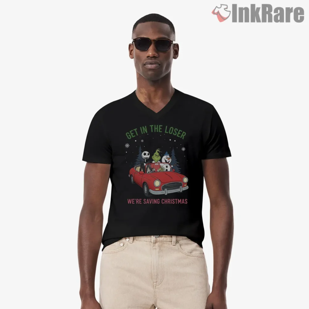 Get In Loser Were Saving Christmas Carpool Grinch Shirt on black v-neck shirt for men graphic tee