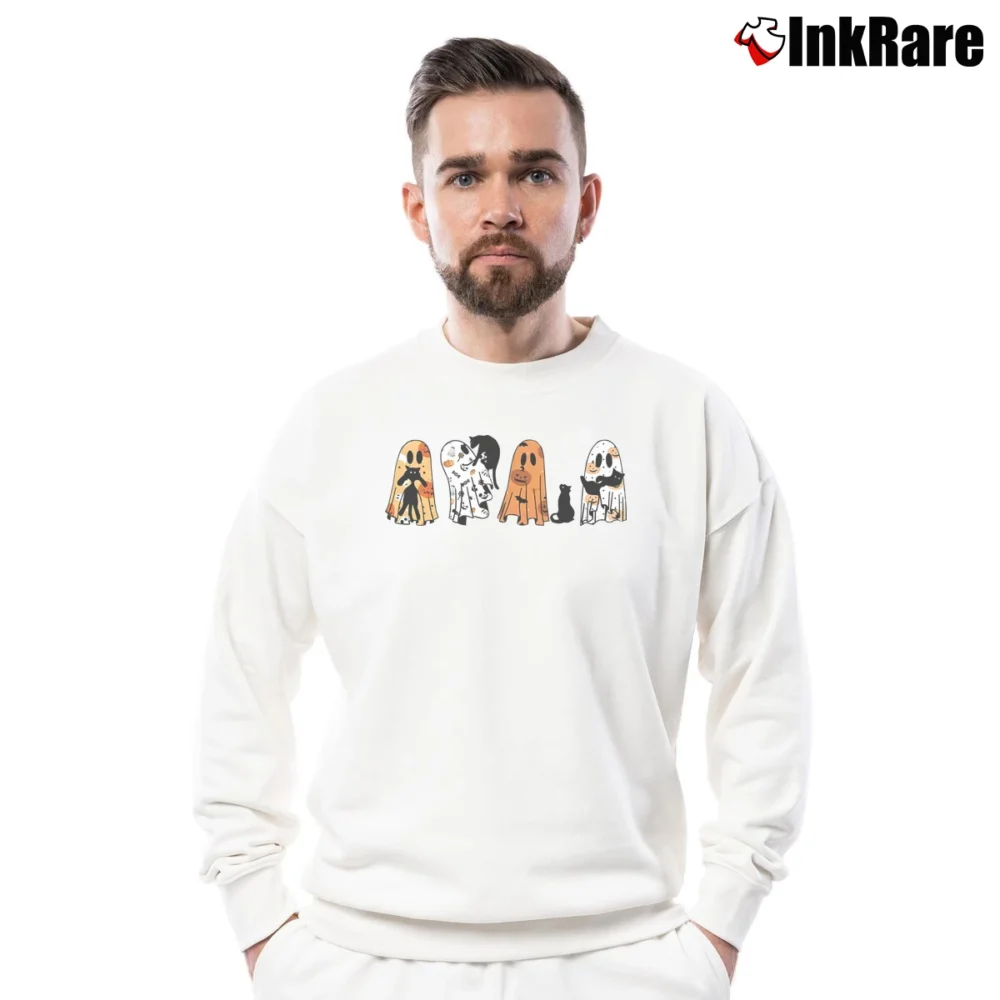 Men’s Ghost Cat Lover Halloween Funny Graphic Crewneck Sweatshirt in white | Cozy Fabric, Clean Style