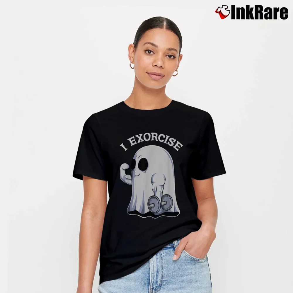 Women’s Ghost I Exorcise Funny Gym Workout Halloween T-Shirt in black | Soft, Flattering Fit