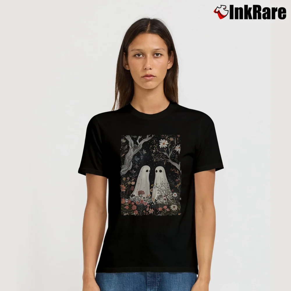Women’s Ghost In The Flower Forest Spooky Vintage Halloween T-Shirt in black | Soft, Flattering Fit