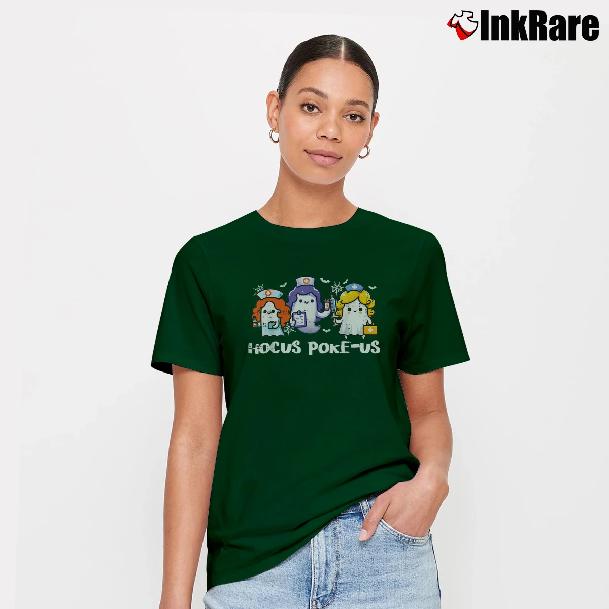 Women’s Ghost Nurse Hocus Poke Us Halloween Costume T-Shirt in forest green | Soft, Flattering Fit