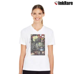Women’s Ghost Rider Marvel Comics Character Boxes V-Neck Tee in white | Chic Neckline, Soft Texture