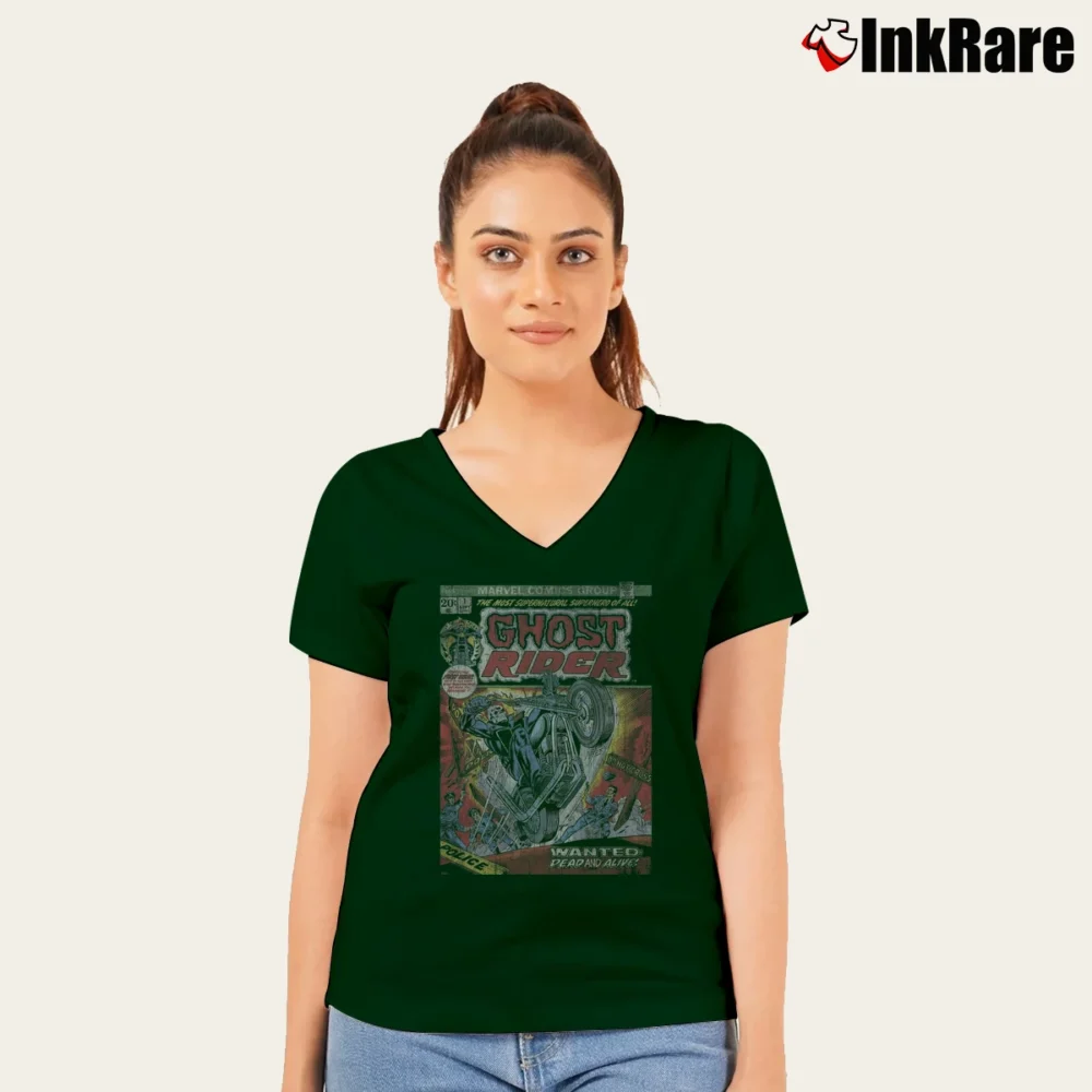 Women’s Ghost Rider Marvel Retro MCU Comic V-Neck Tee in forest green | Chic Neckline, Soft Texture