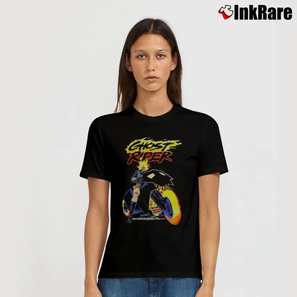Women’s Ghost Rider Neon Flames Motorcycle Marvel Signature T-Shirt in black | Soft, Flattering Fit