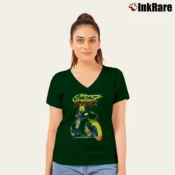 Women’s Ghost Rider Neon Flames Motorcycle Marvel V-Neck Tee in forest green | Chic Neckline, Soft Texture