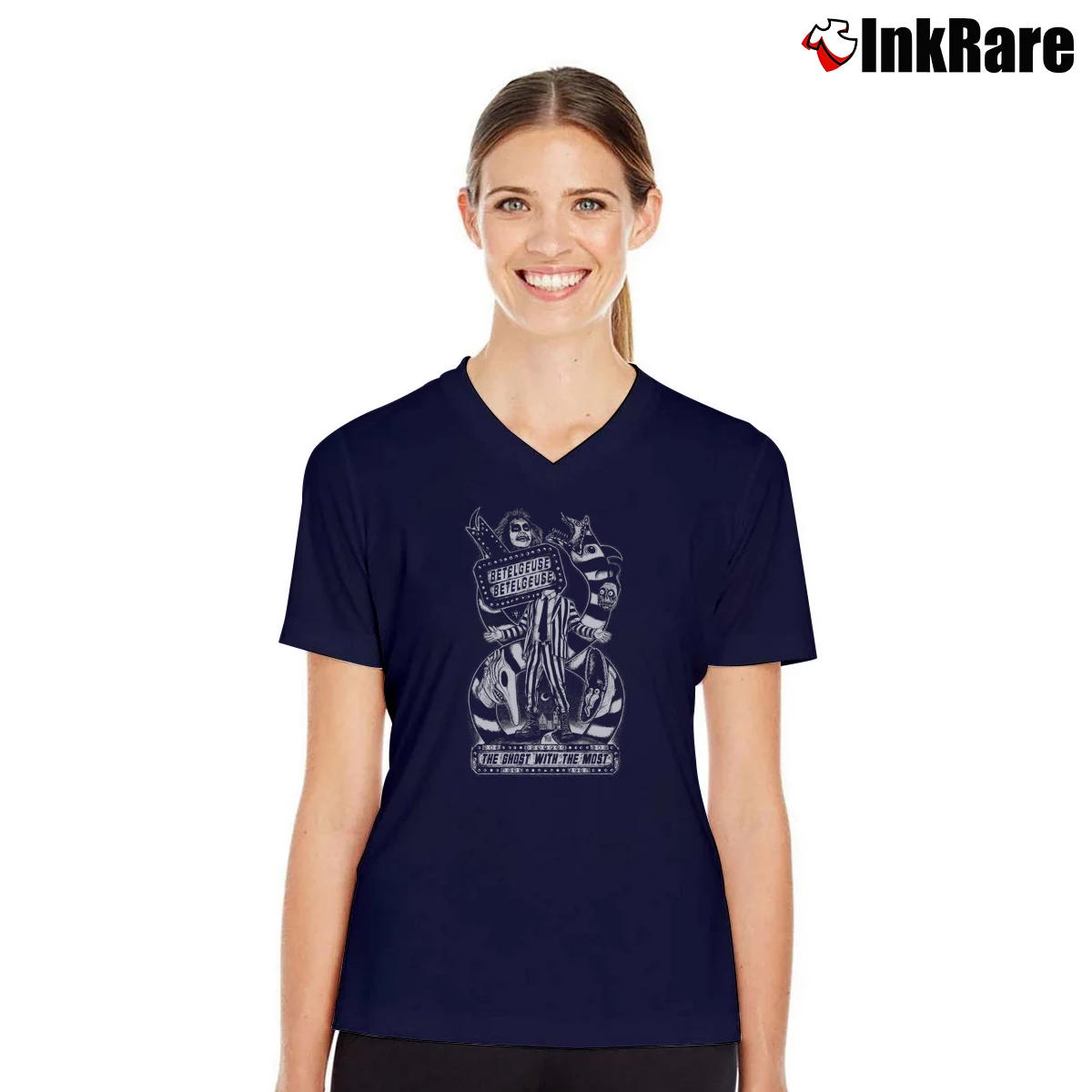 Ghost With The Most Beetlejuice Women’s V-Neck Tee in navy – Flattering Fit Women’s Ghost With The Most Beetlejuice V-Neck Tee in navy | Chic Neckline, Soft Texture