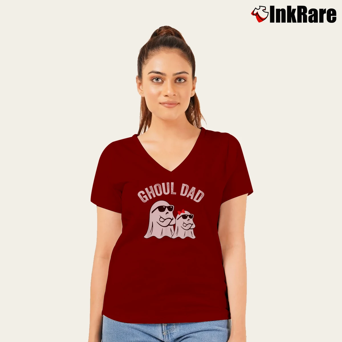 Women’s Ghoul Dad Daddy Ghost Vintage Halloween V-Neck Tee in maroon | Chic Neckline, Soft Texture
