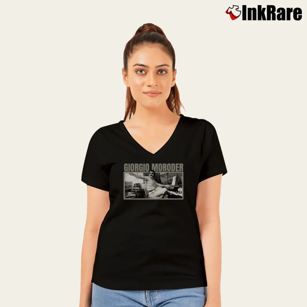 Women’s Giorgio Moroder Retro Style V-Neck Tee in black | Chic Neckline, Soft Texture