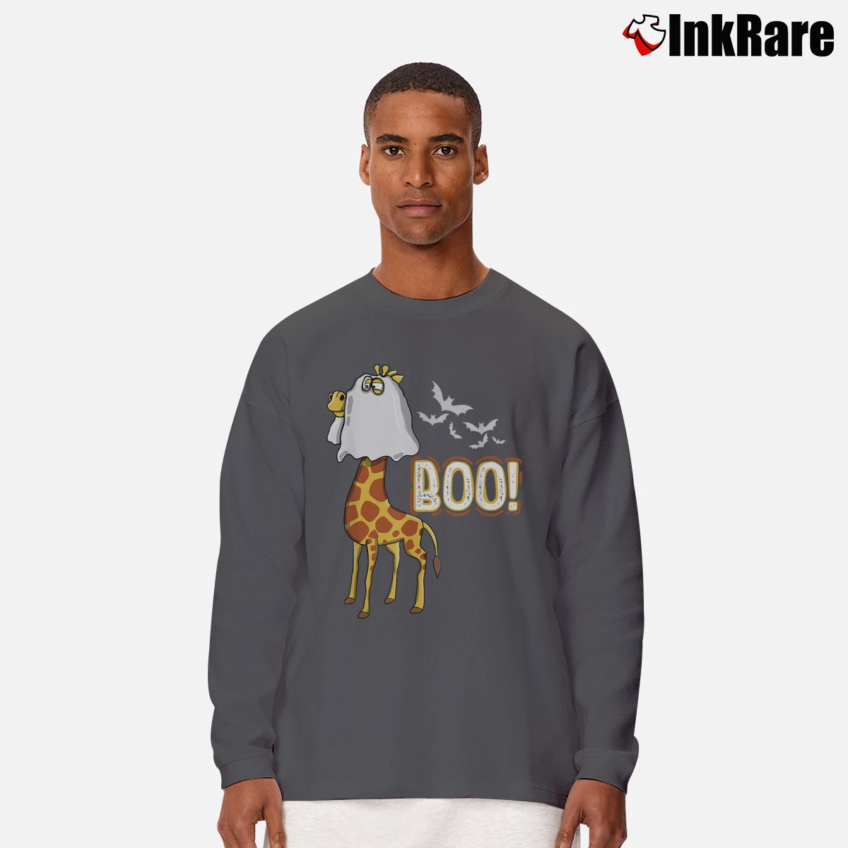 Men’s Giraffe Boo Halloween Costume Long-Sleeve Shirt in charcoal | Sleek, Lightweight, Year-Round Wear