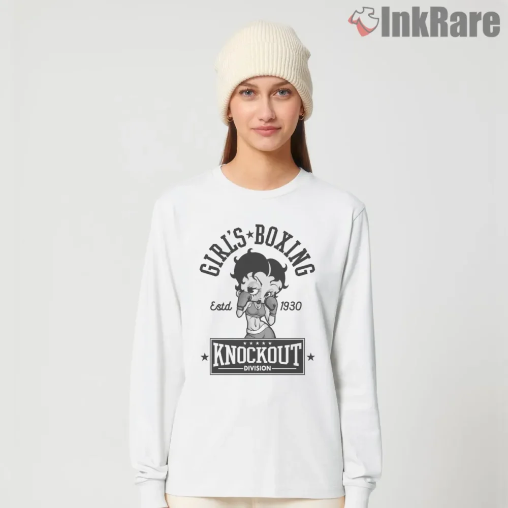 Girls Boxing Club Betty Boop Knockout Shirt on white long sleeve shirt for women graphic tee