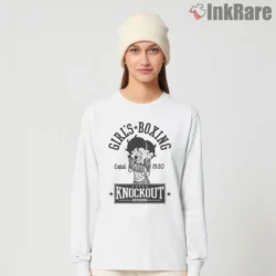 Girls Boxing Club Betty Boop Knockout Shirt on white long sleeve shirt for women graphic tee