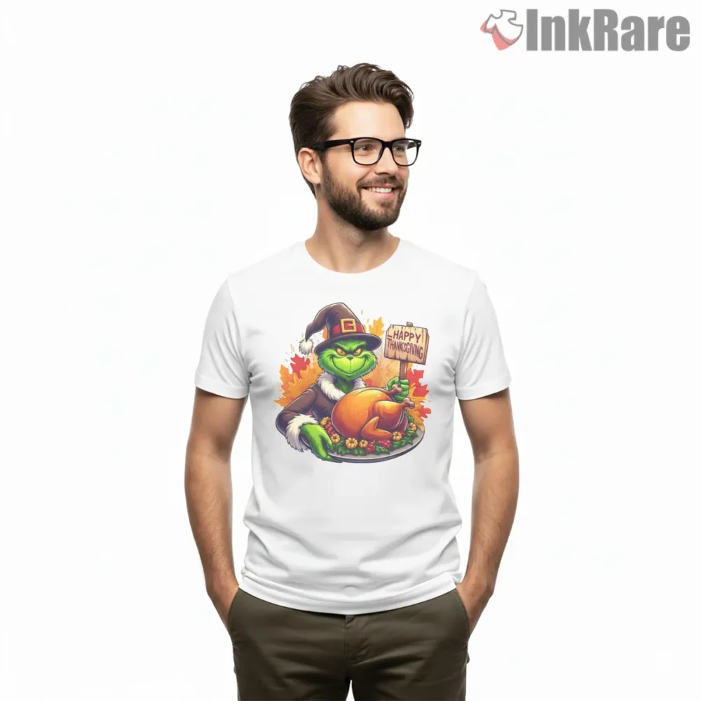 Giving Thanks Thanksgiving Feast Grinch Shirt on white short sleeve shirt for men graphic tee