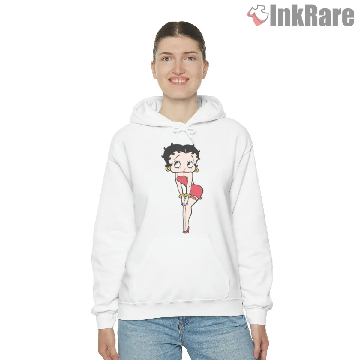 Glamorous Cartoon Lady Red Gown Evening Shirt on white hoodie for women graphic tee